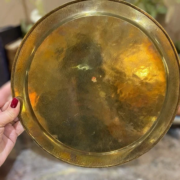 Vintage Solid Brass Enameled Round Tray Floral Home Decor Accent Serving - Picture 4 of 5